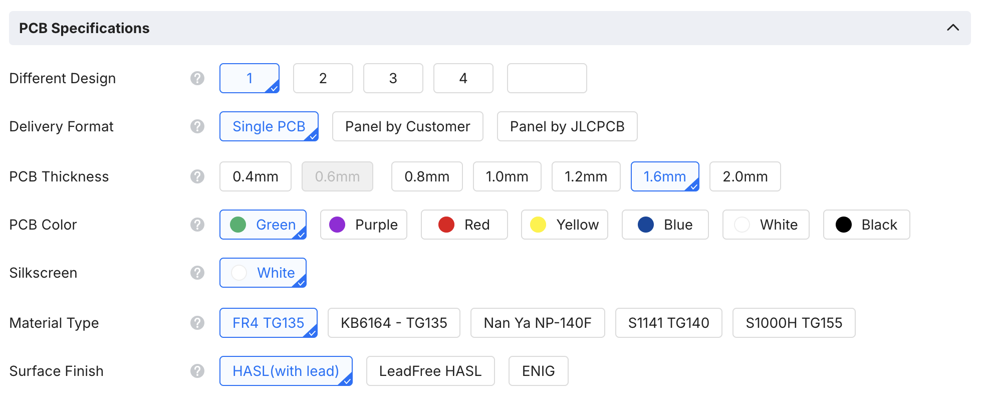 JLCPCBのサイトの基盤色の展開（緑、紫、赤、黄色、青、白、黒）